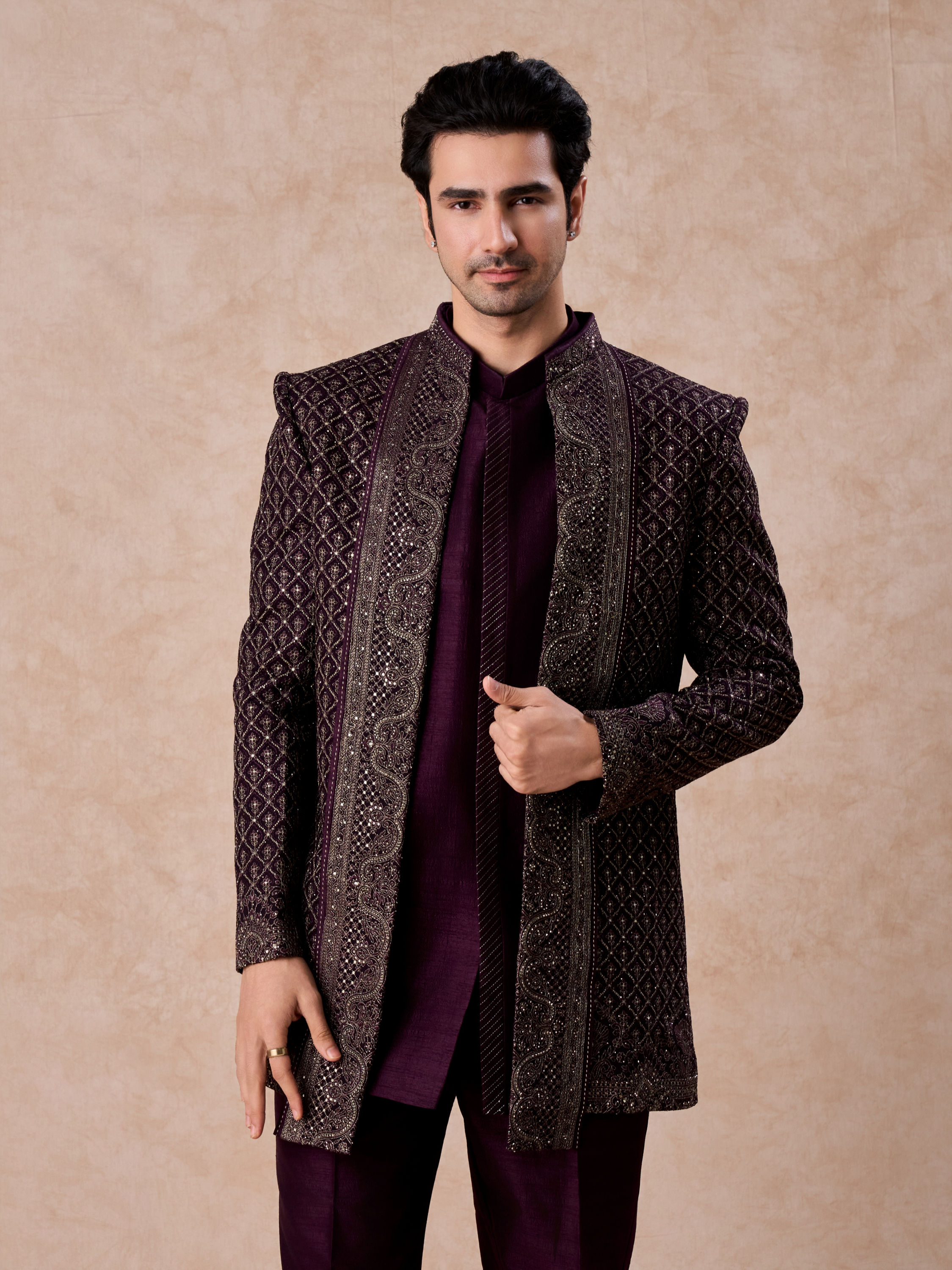 Manyavar Men Purple Majesty Georgette Indo Western
