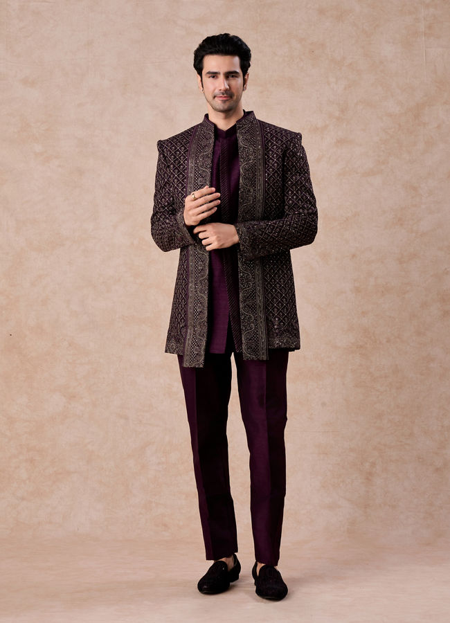 Manyavar Men Purple Majesty Georgette Indo Western
