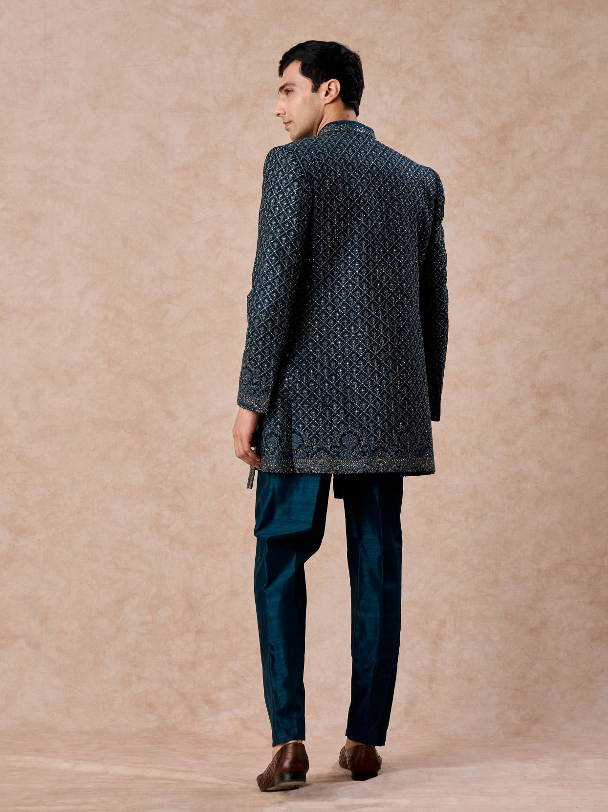 Manyavar Men Teal Blue Georgette Elegance Indo Western