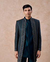 Manyavar Men Teal Blue Georgette Elegance Indo Western