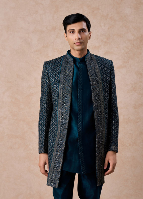 Manyavar Men Teal Blue Georgette Elegance Indo Western