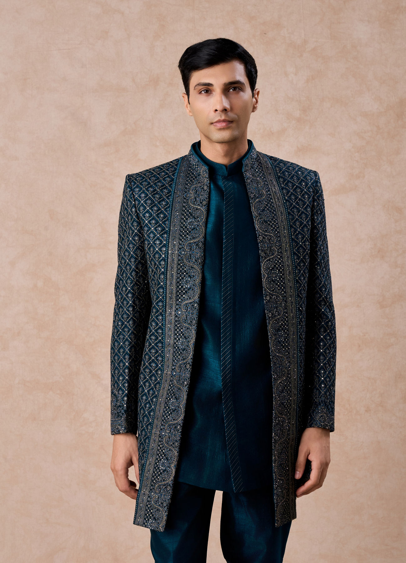 Manyavar Men Teal Blue Georgette Elegance Indo Western