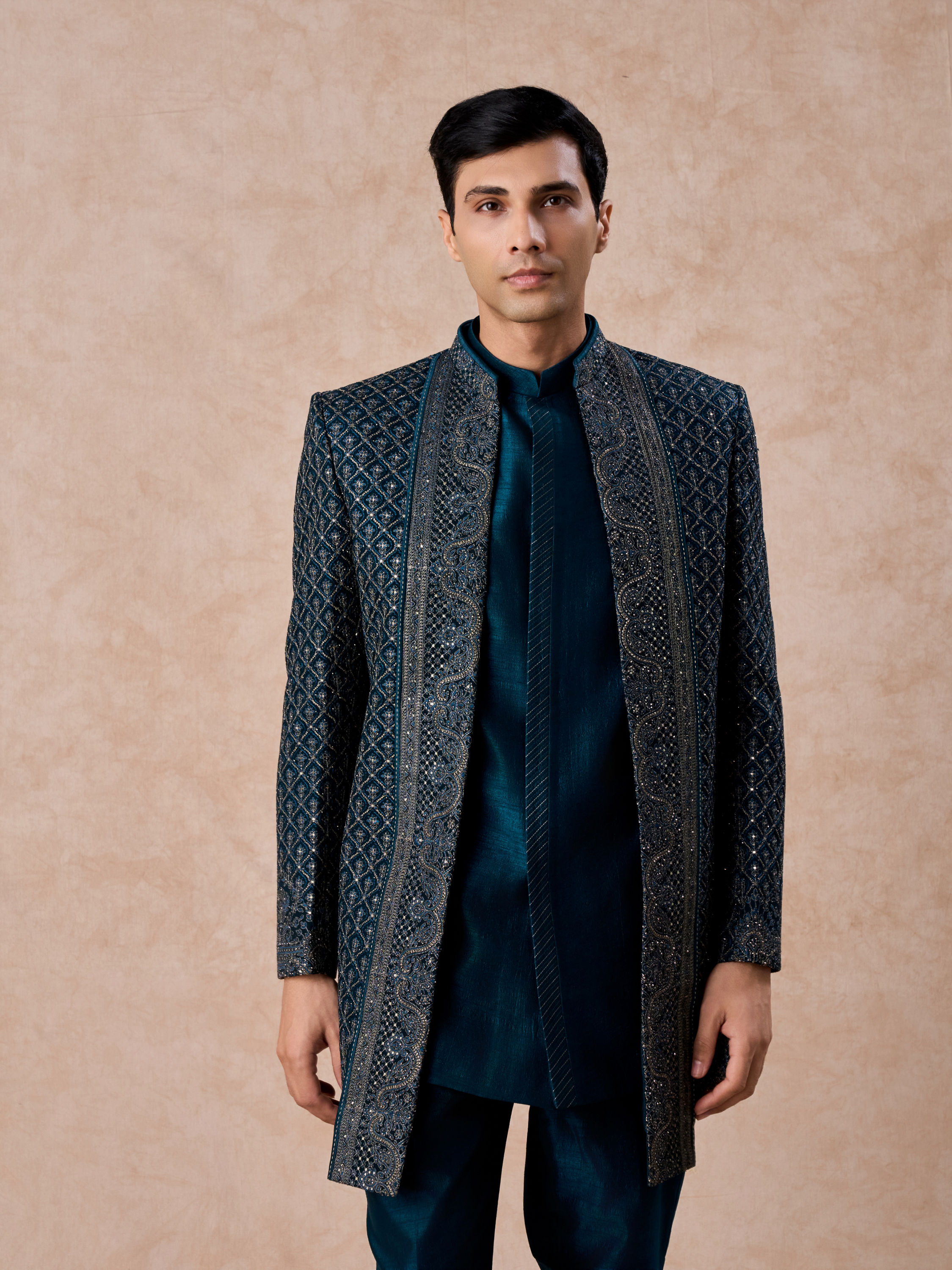Manyavar Men Teal Blue Georgette Elegance Indo Western