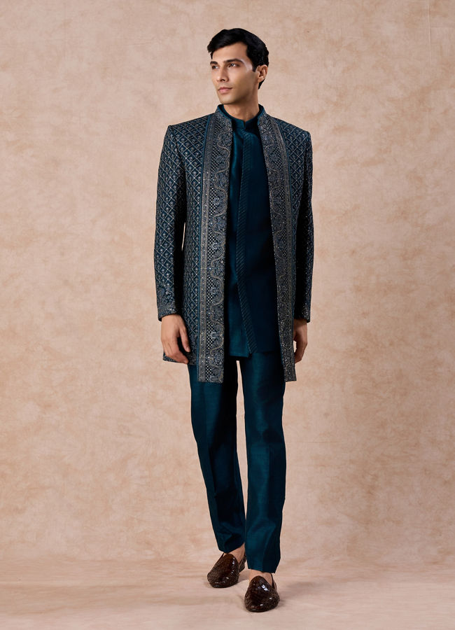 Manyavar Men Teal Blue Georgette Elegance Indo Western