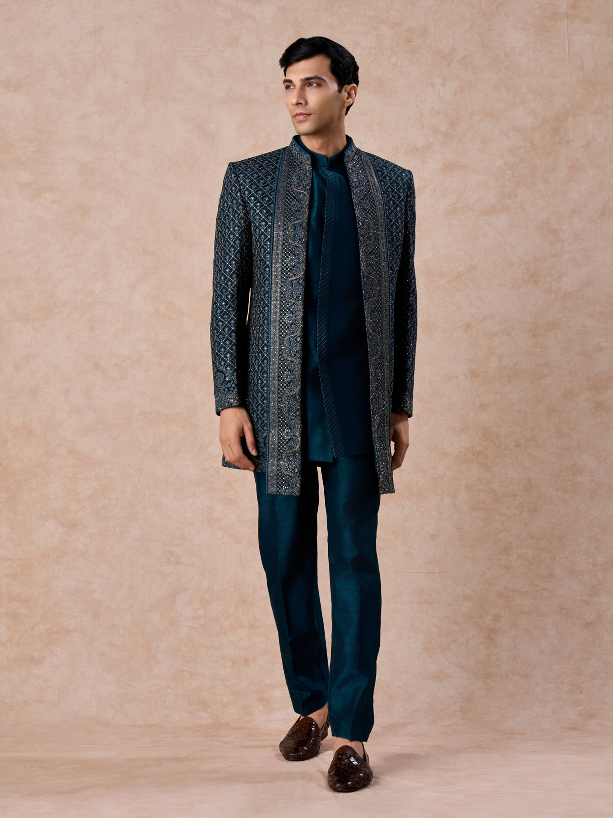 Manyavar Men Teal Blue Georgette Elegance Indo Western