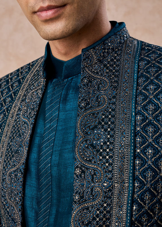 Manyavar Men Teal Blue Georgette Elegance Indo Western
