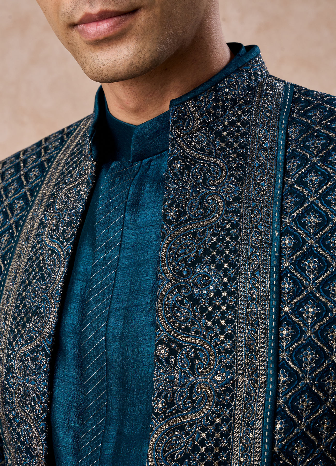 Manyavar Men Teal Blue Georgette Elegance Indo Western
