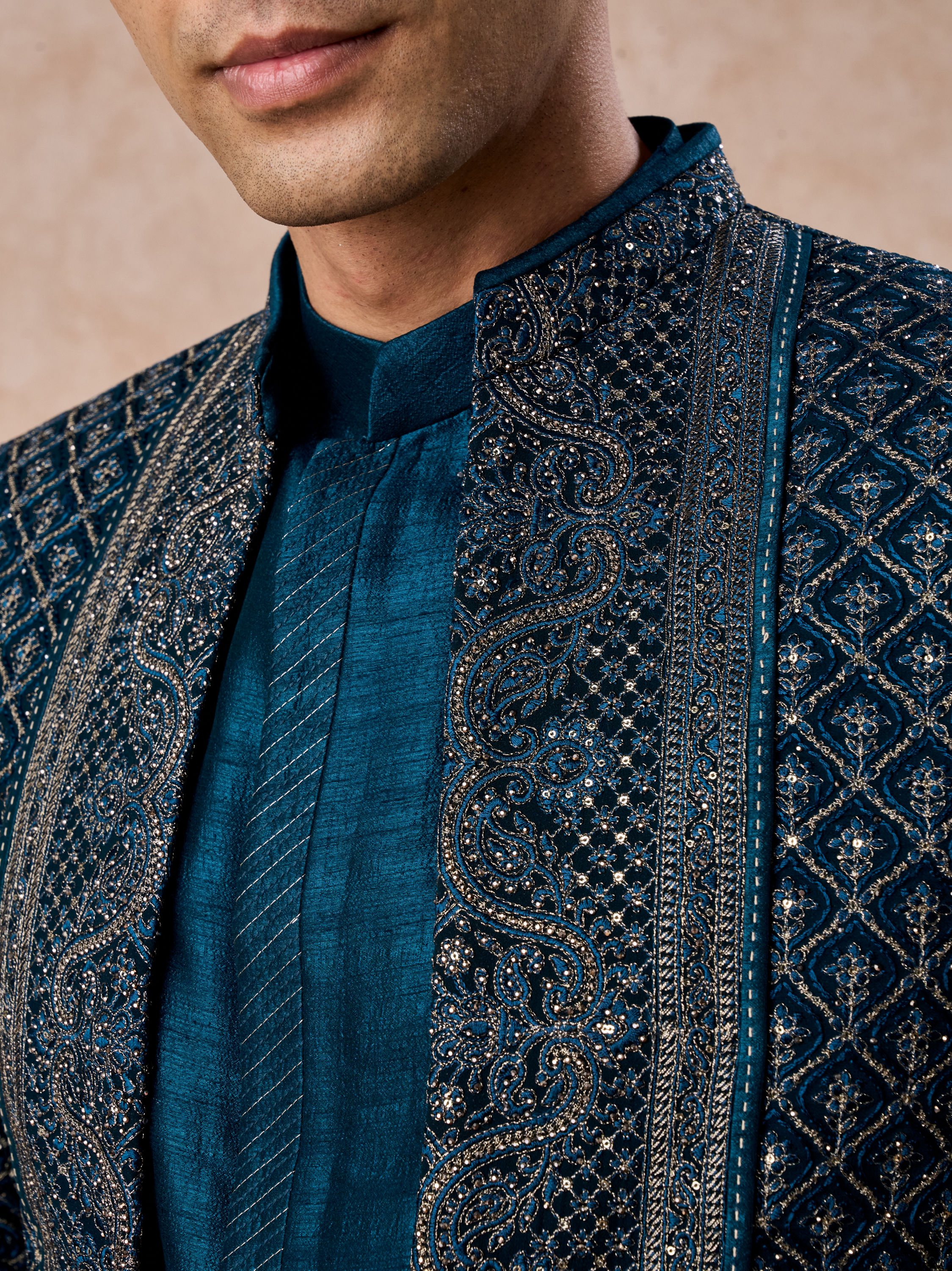 Manyavar Men Teal Blue Georgette Elegance Indo Western