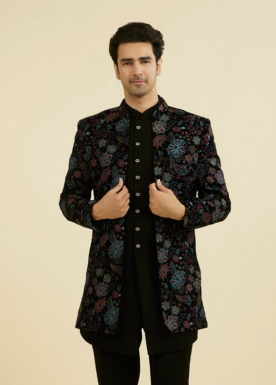 Manyavar Men Black Velvet Indo Western