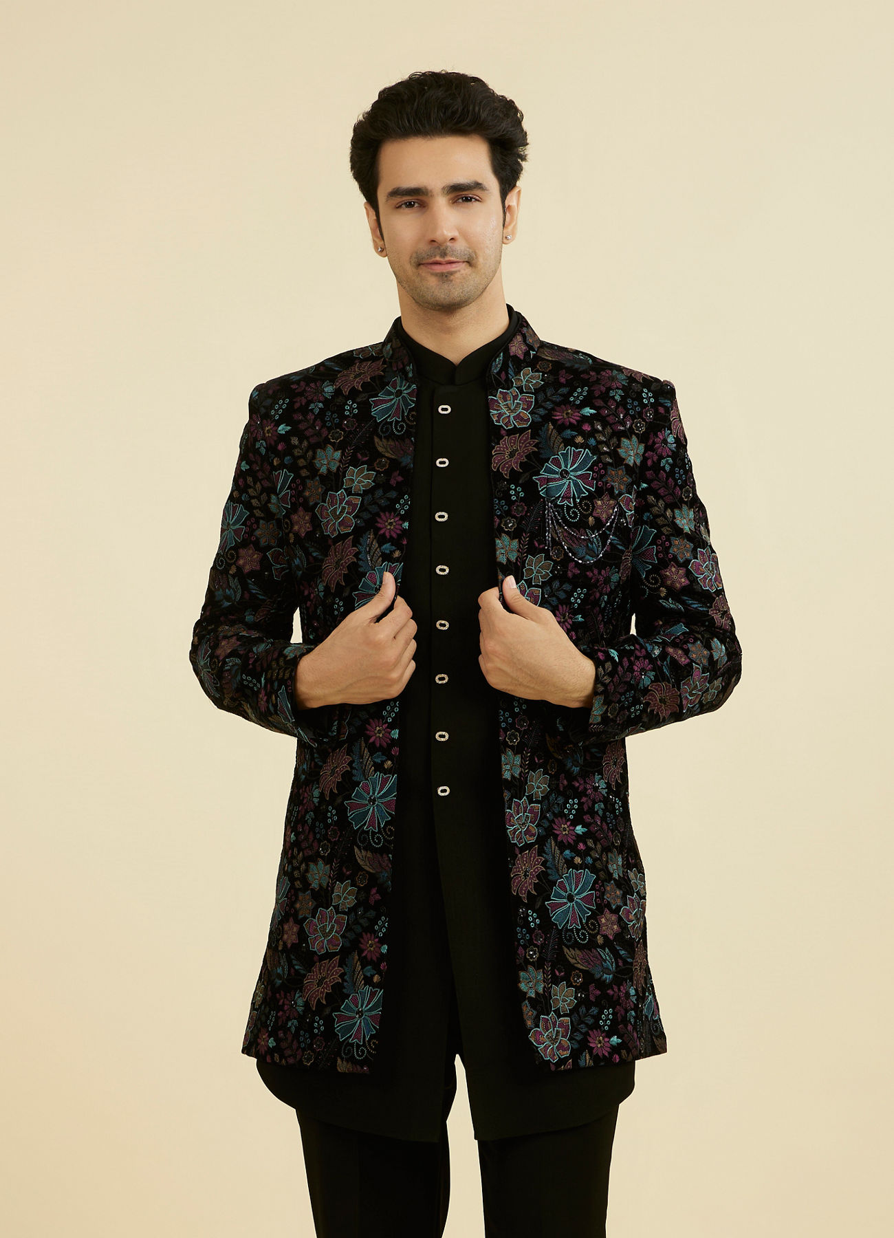 Manyavar Men Black Velvet Indo Western