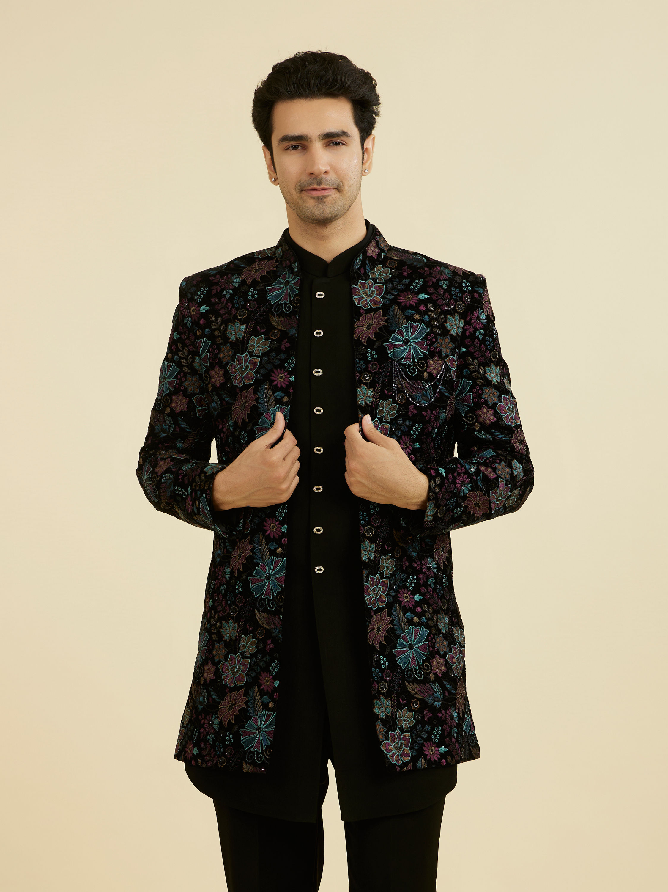 Manyavar Men Black Velvet Indo Western