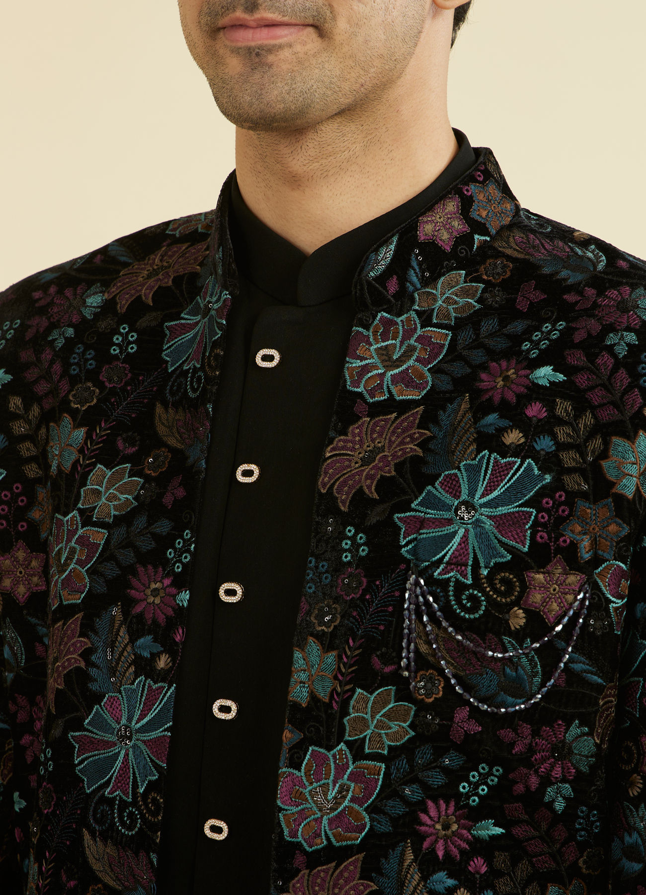 Manyavar Men Black Velvet Indo Western