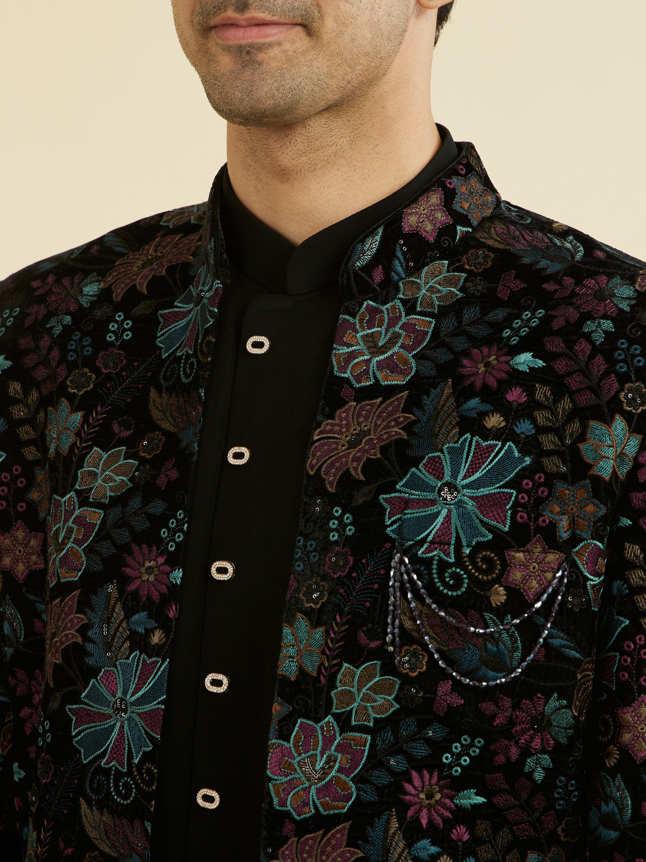 Manyavar Men Black Velvet Indo Western