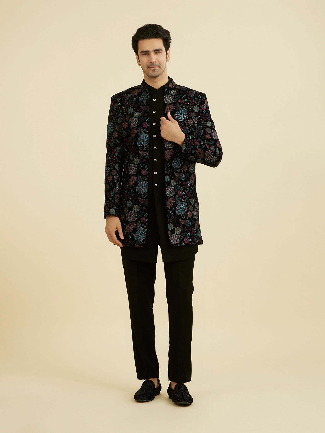 Manyavar Men Black Velvet Indo Western