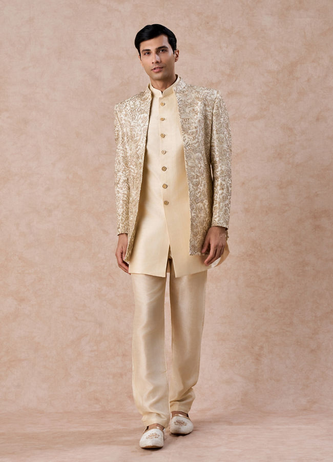 Manyavar Men Regal Beige Net Indo Western