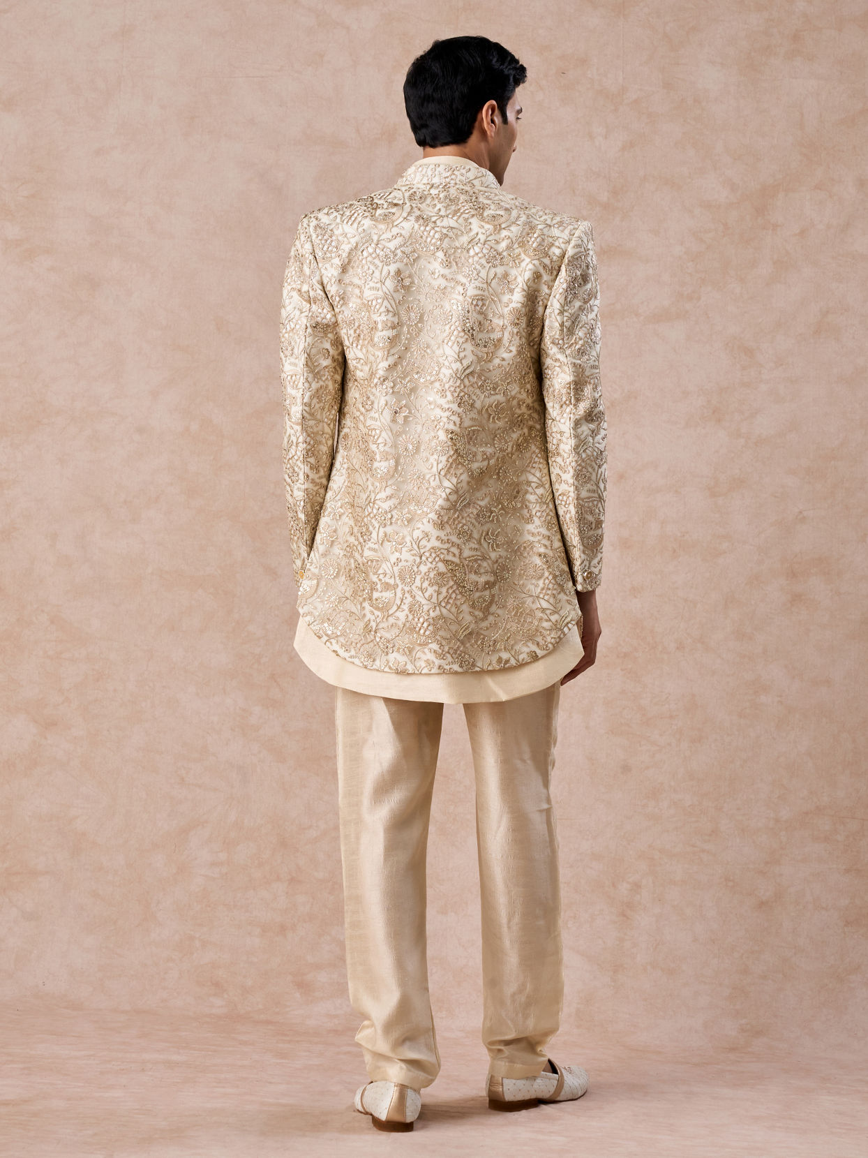 Manyavar Men Regal Beige Net Indo Western