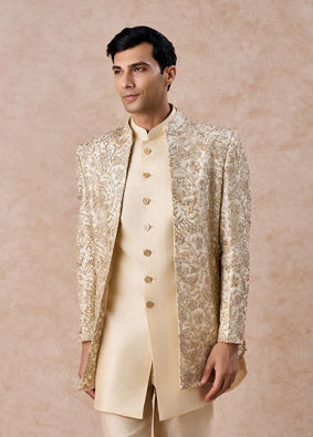 Manyavar Men Regal Beige Net Indo Western