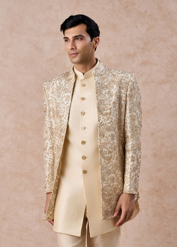 Manyavar Men Regal Beige Net Indo Western