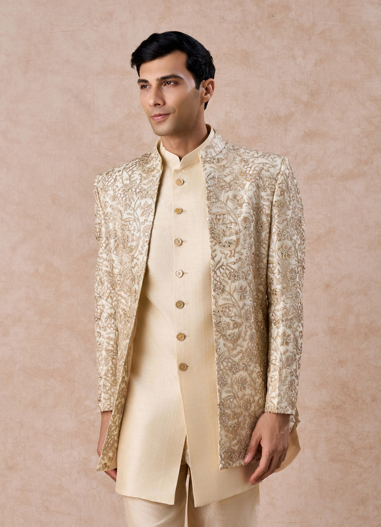 Manyavar Men Regal Beige Net Indo Western