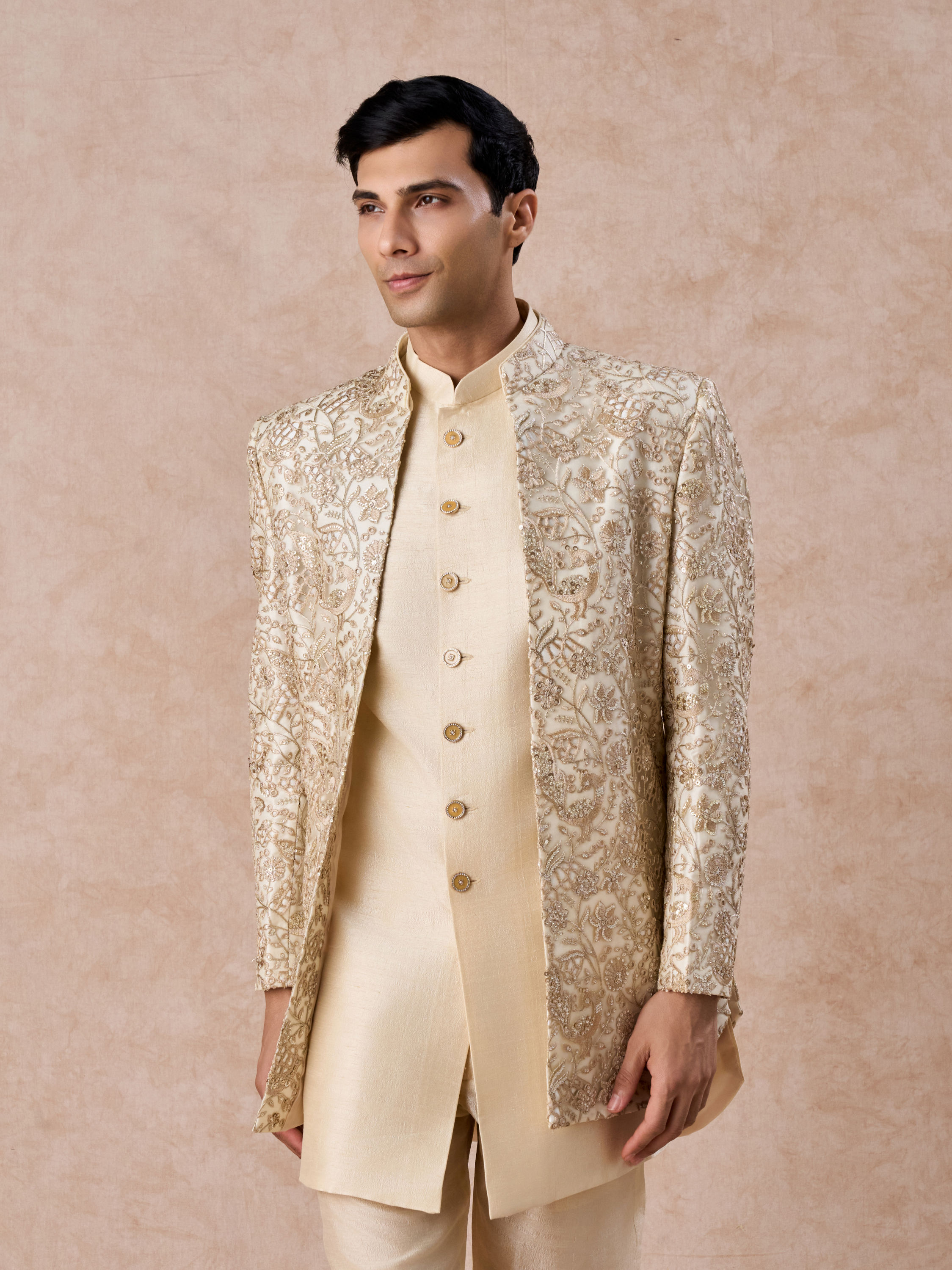 Manyavar Men Regal Beige Net Indo Western