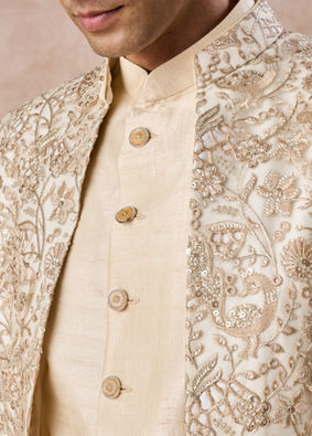 Manyavar Men Regal Beige Net Indo Western