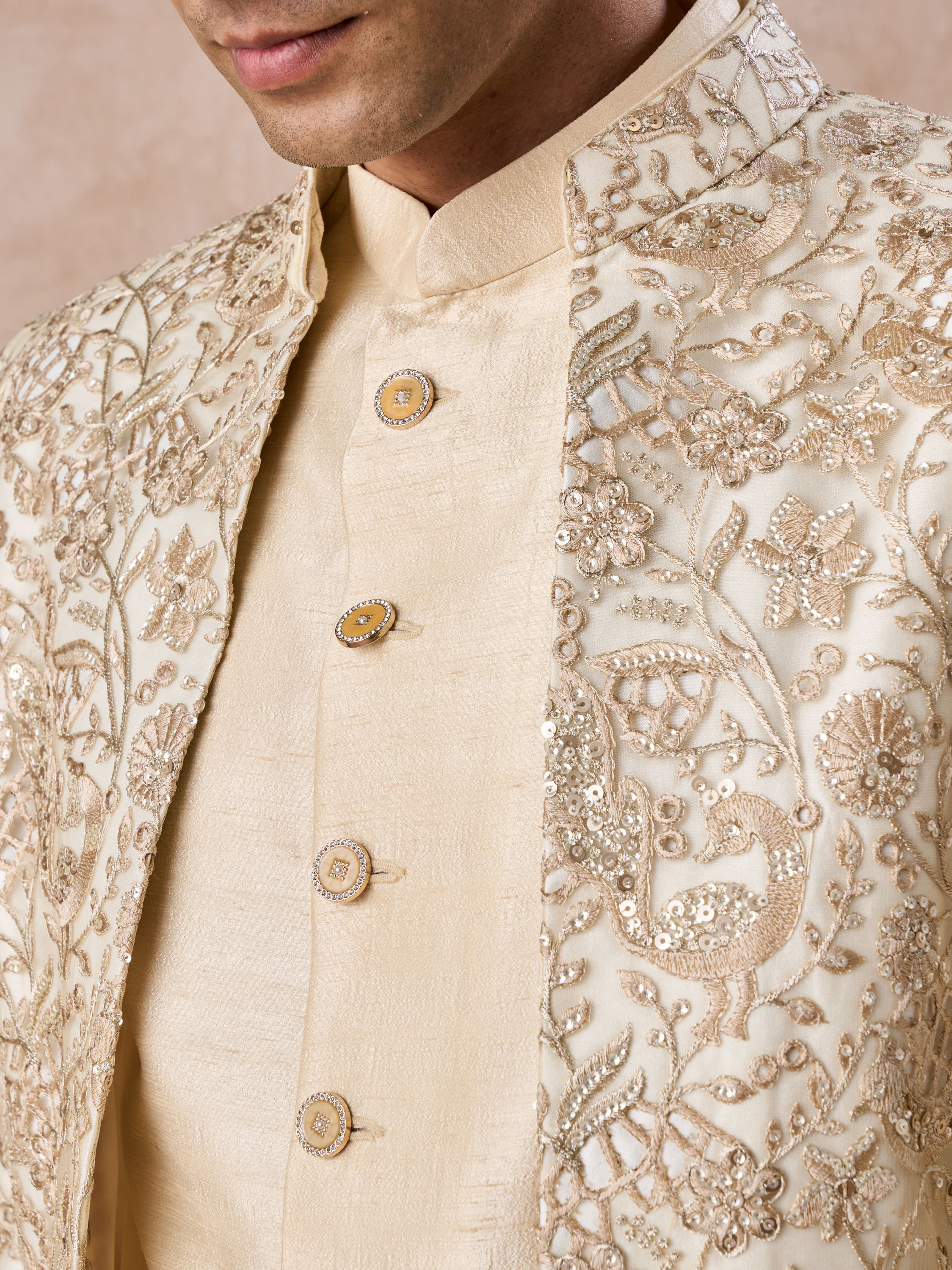 Manyavar Men Regal Beige Net Indo Western