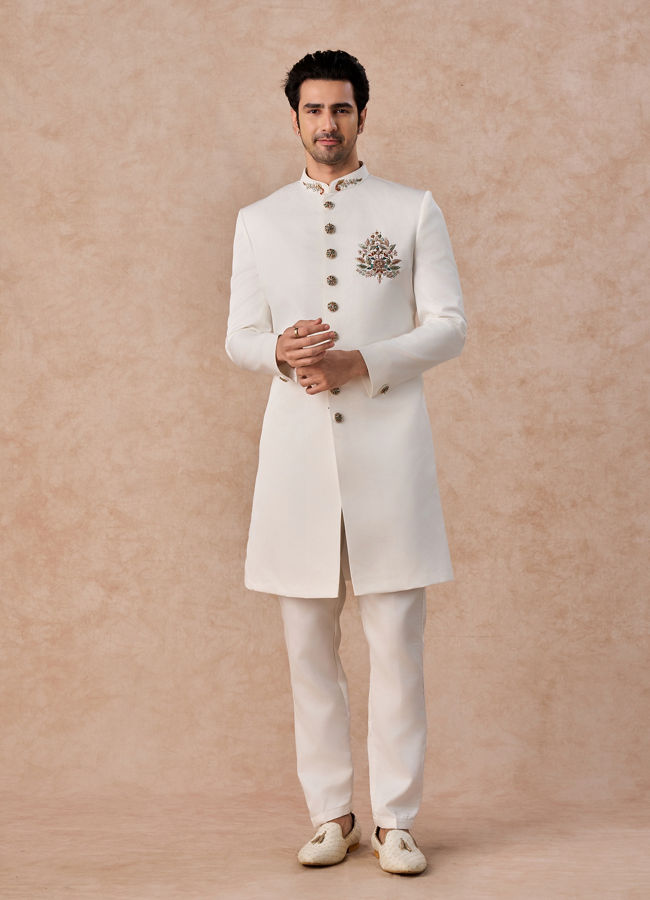Manyavar Men Glistening Cream Satin Indo Western