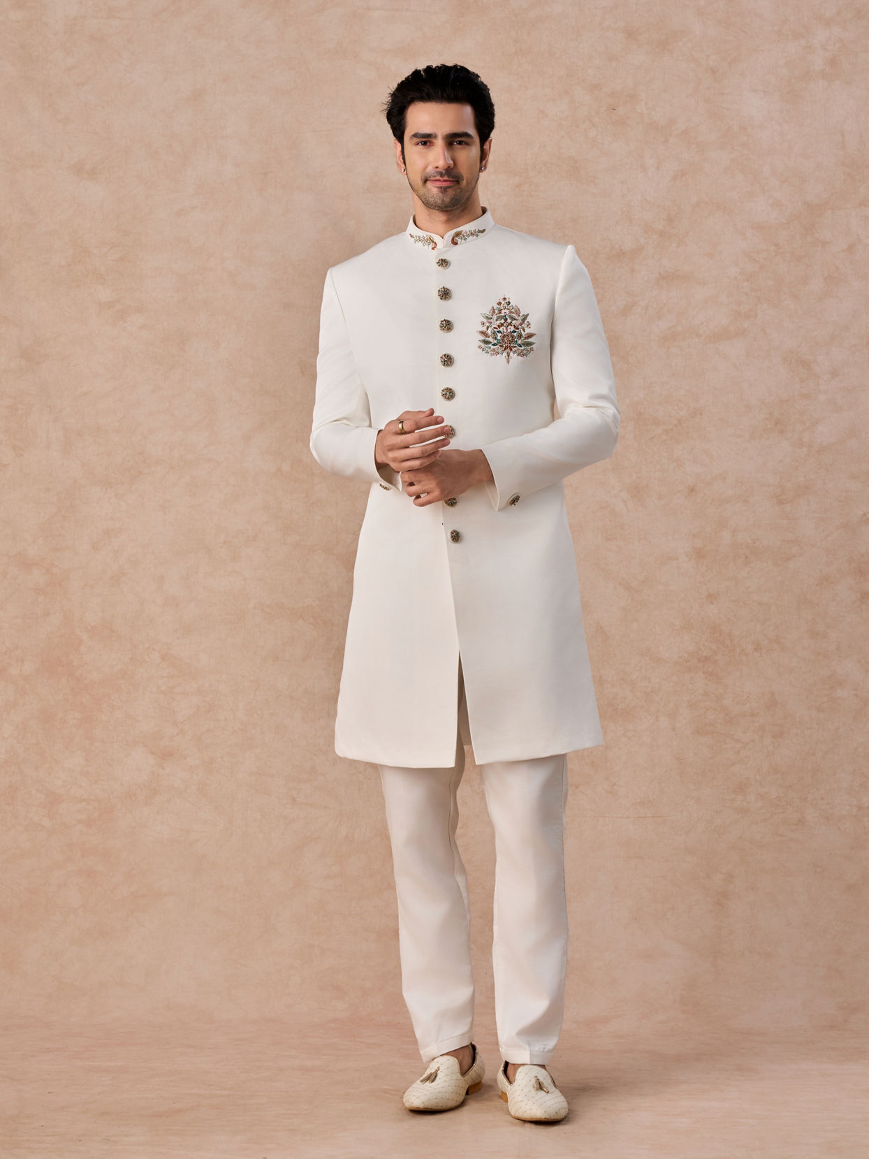 Manyavar Men Glistening Cream Satin Indo Western