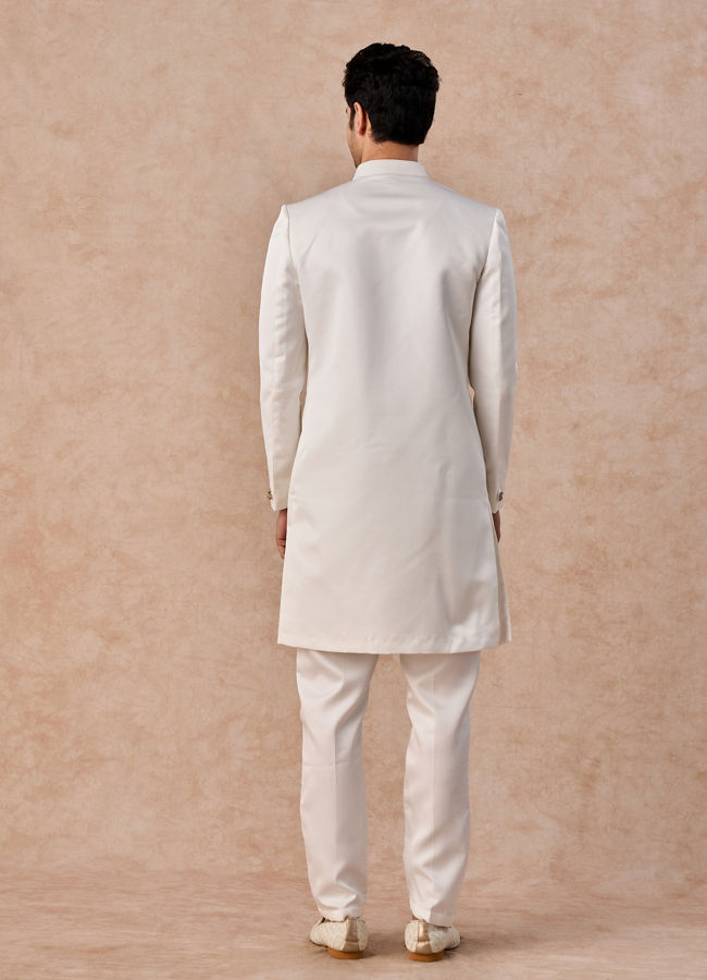 Manyavar Men Glistening Cream Satin Indo Western