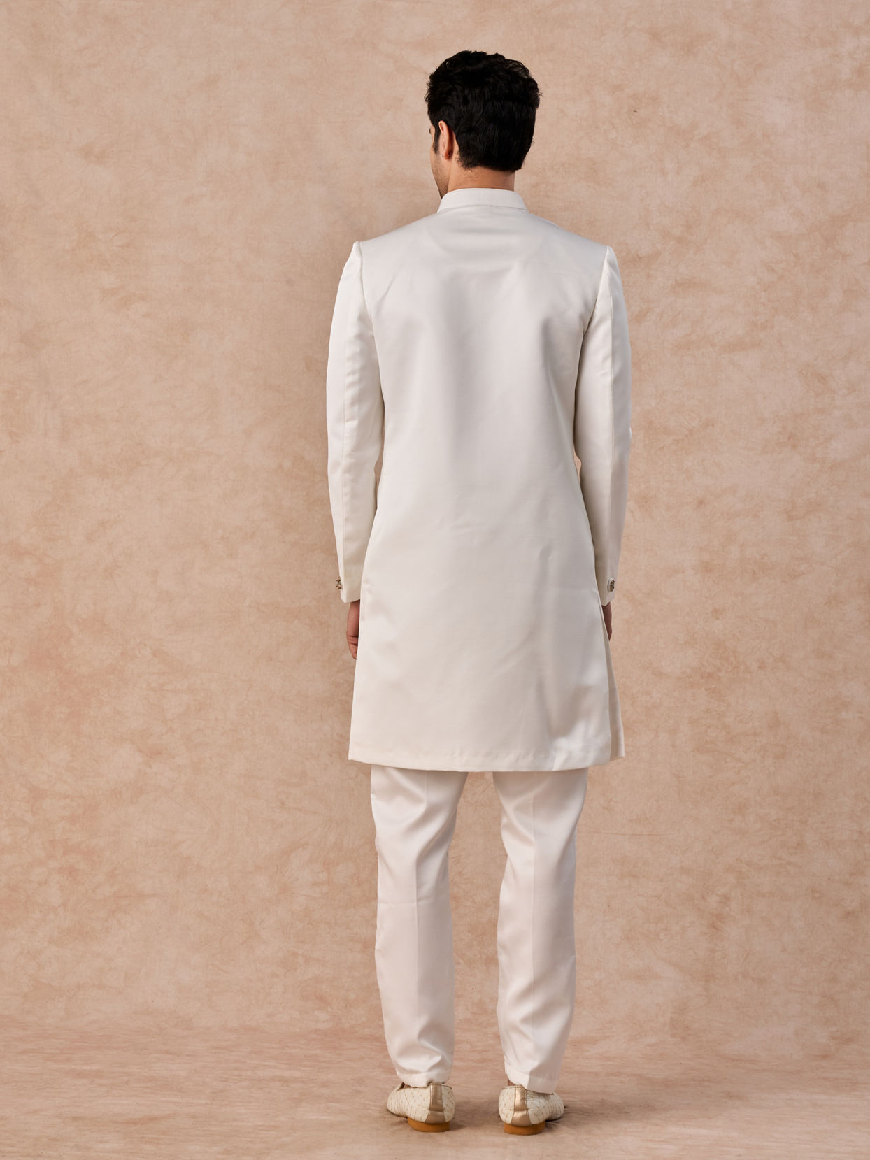 Manyavar Men Glistening Cream Satin Indo Western