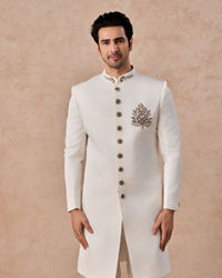 Manyavar Men Glistening Cream Satin Indo Western