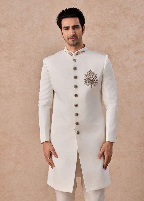 Manyavar Men Glistening Cream Satin Indo Western