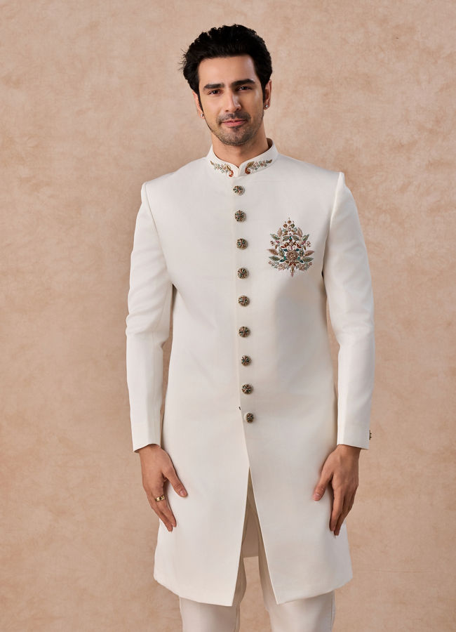 Manyavar Men Glistening Cream Satin Indo Western