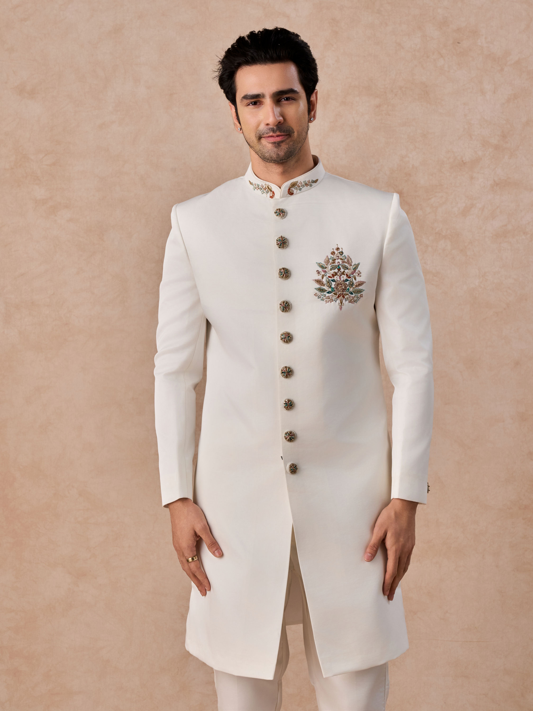 Manyavar Men Glistening Cream Satin Indo Western