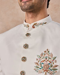 Manyavar Men Glistening Cream Satin Indo Western