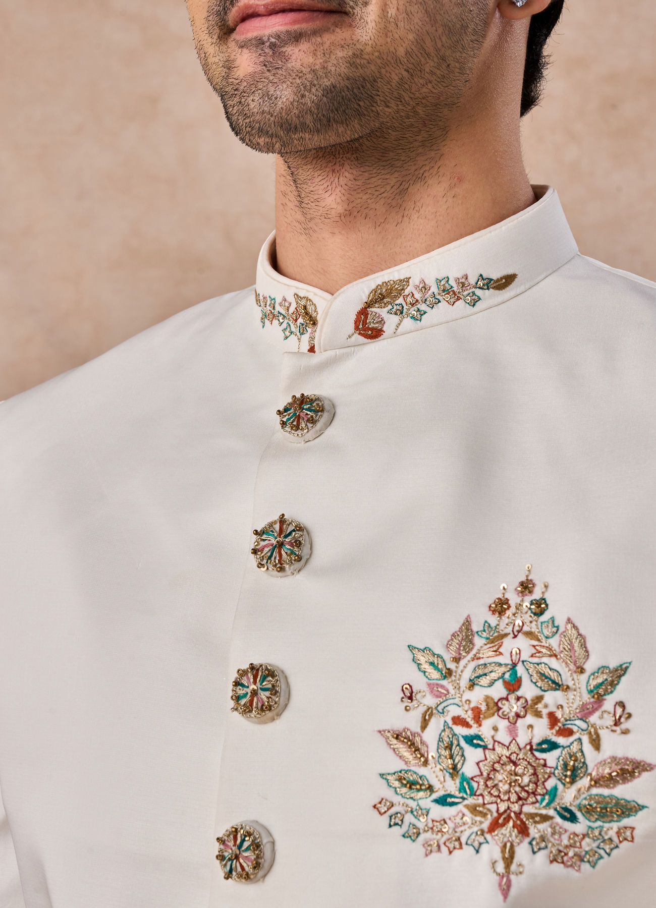 Manyavar Men Glistening Cream Satin Indo Western