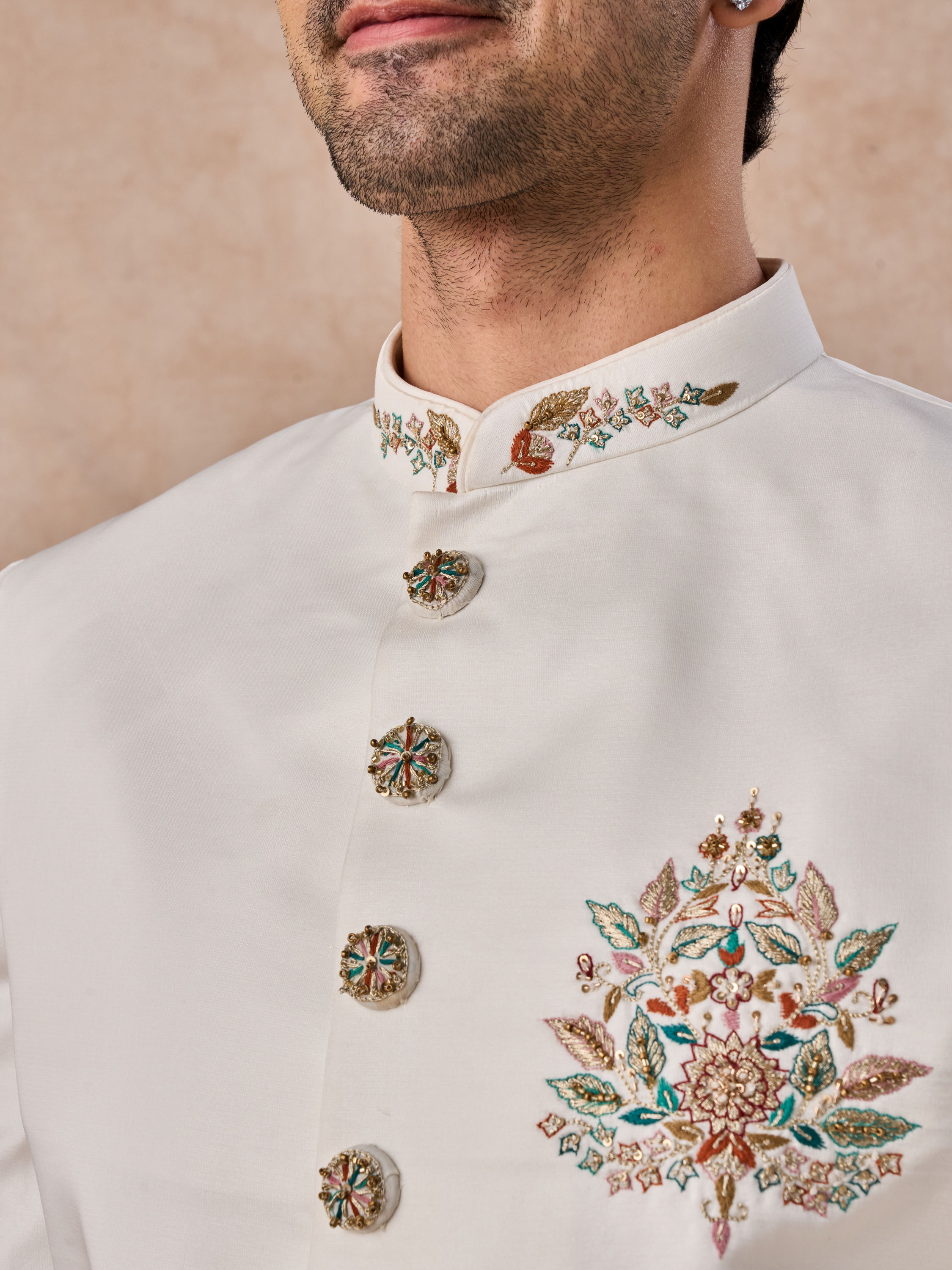 Manyavar Men Glistening Cream Satin Indo Western