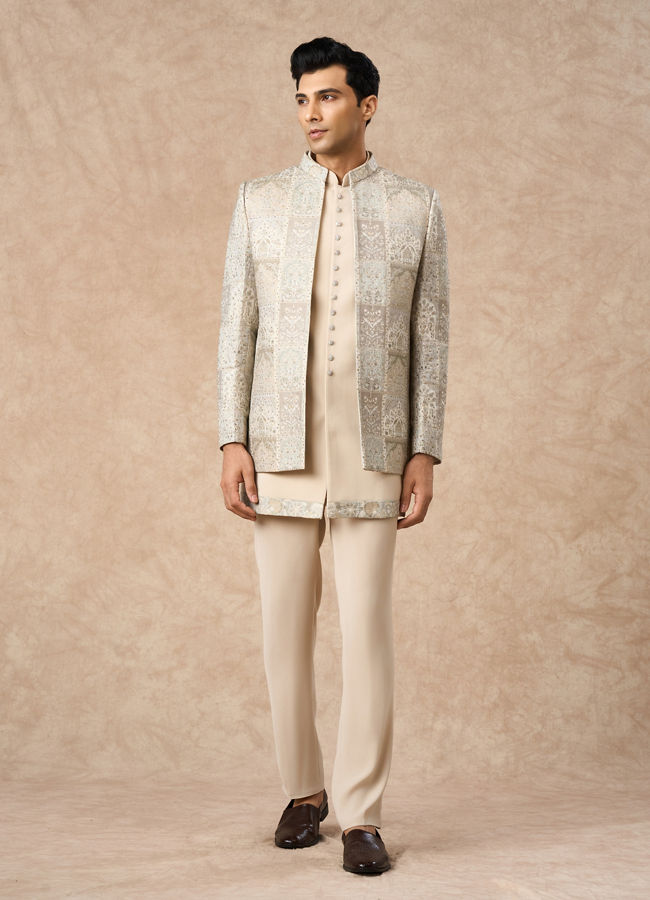 Manyavar Men Beige Blended Viscose Indo Western Embroidery