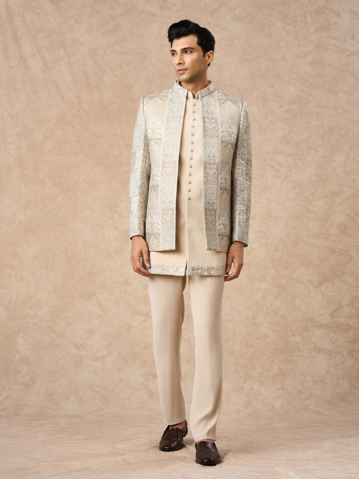Manyavar Men Beige Blended Viscose Indo Western Embroidery