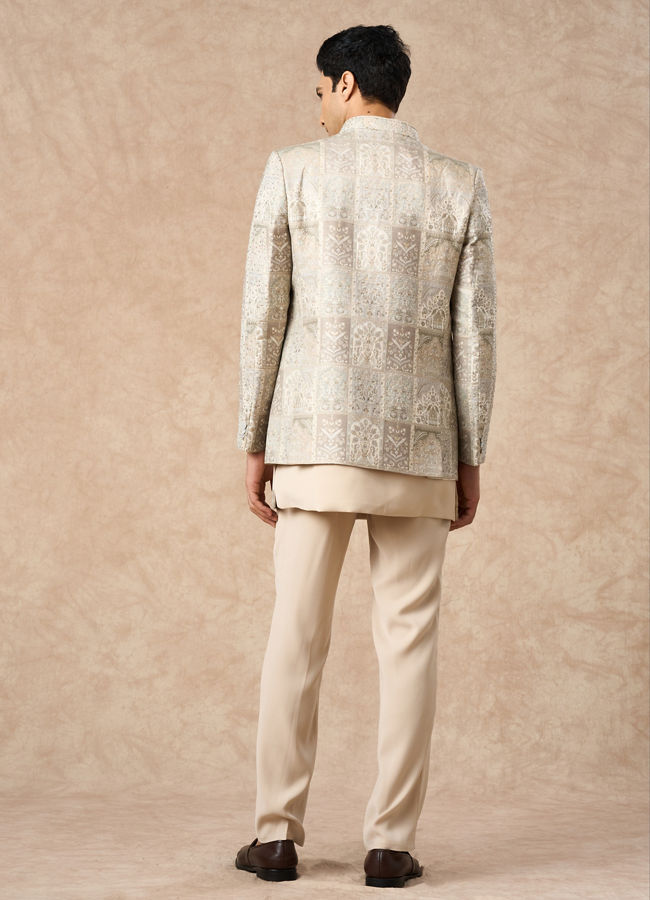 Manyavar Men Beige Blended Viscose Indo Western Embroidery