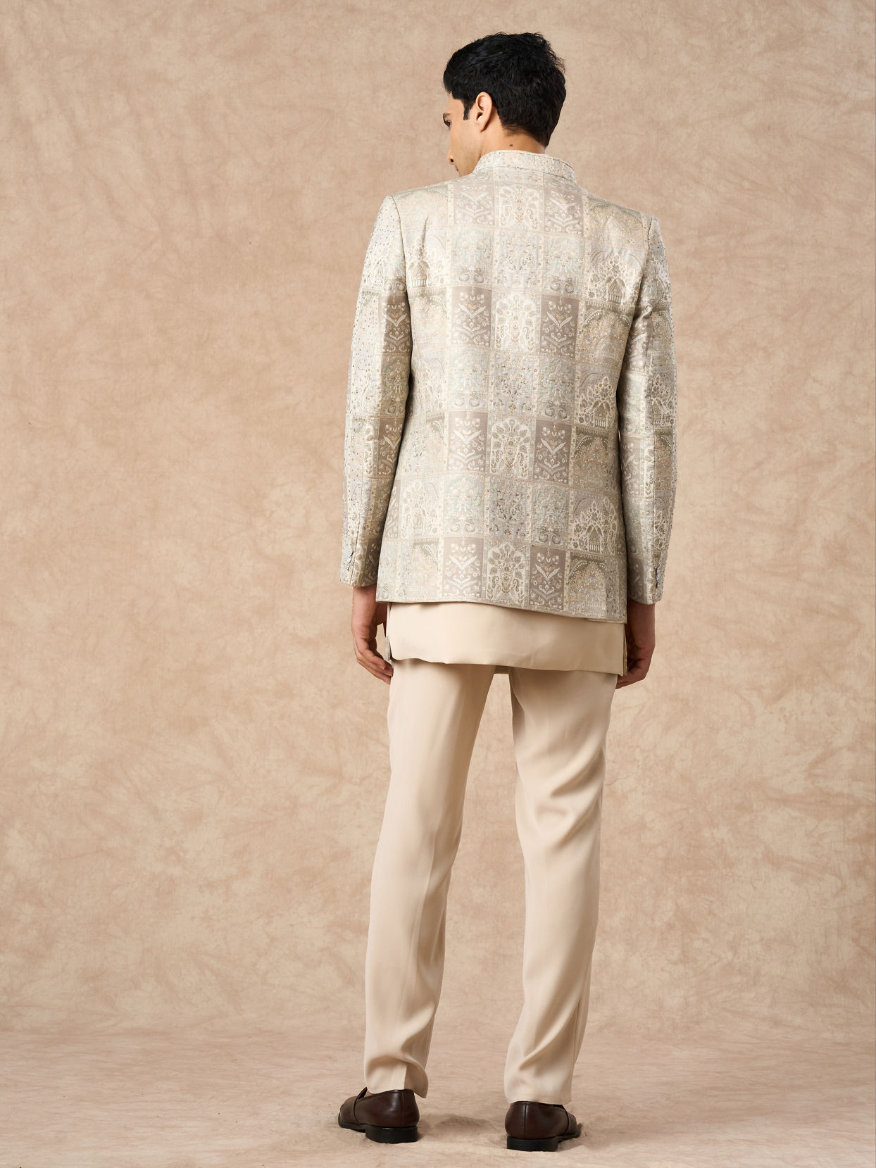 Manyavar Men Beige Blended Viscose Indo Western Embroidery