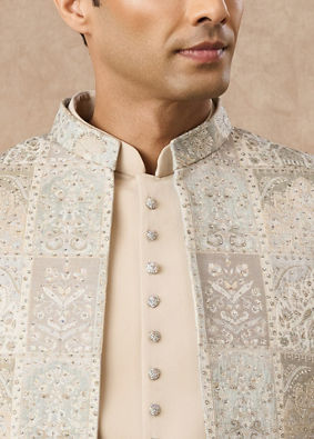Manyavar Men Beige Blended Viscose Indo Western Embroidery