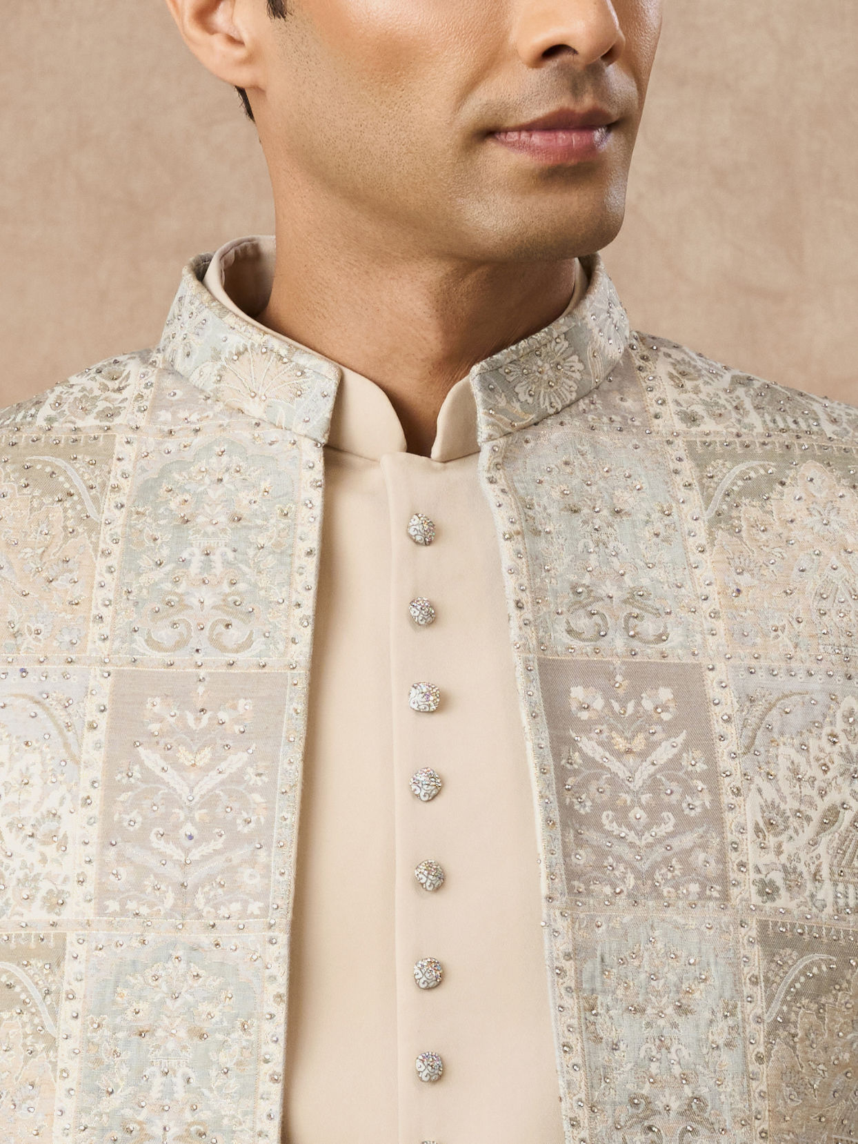 Manyavar Men Beige Blended Viscose Indo Western Embroidery