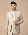 Manyavar Men Beige Blended Viscose Indo Western Embroidery