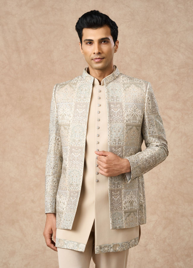 Manyavar Men Beige Blended Viscose Indo Western Embroidery