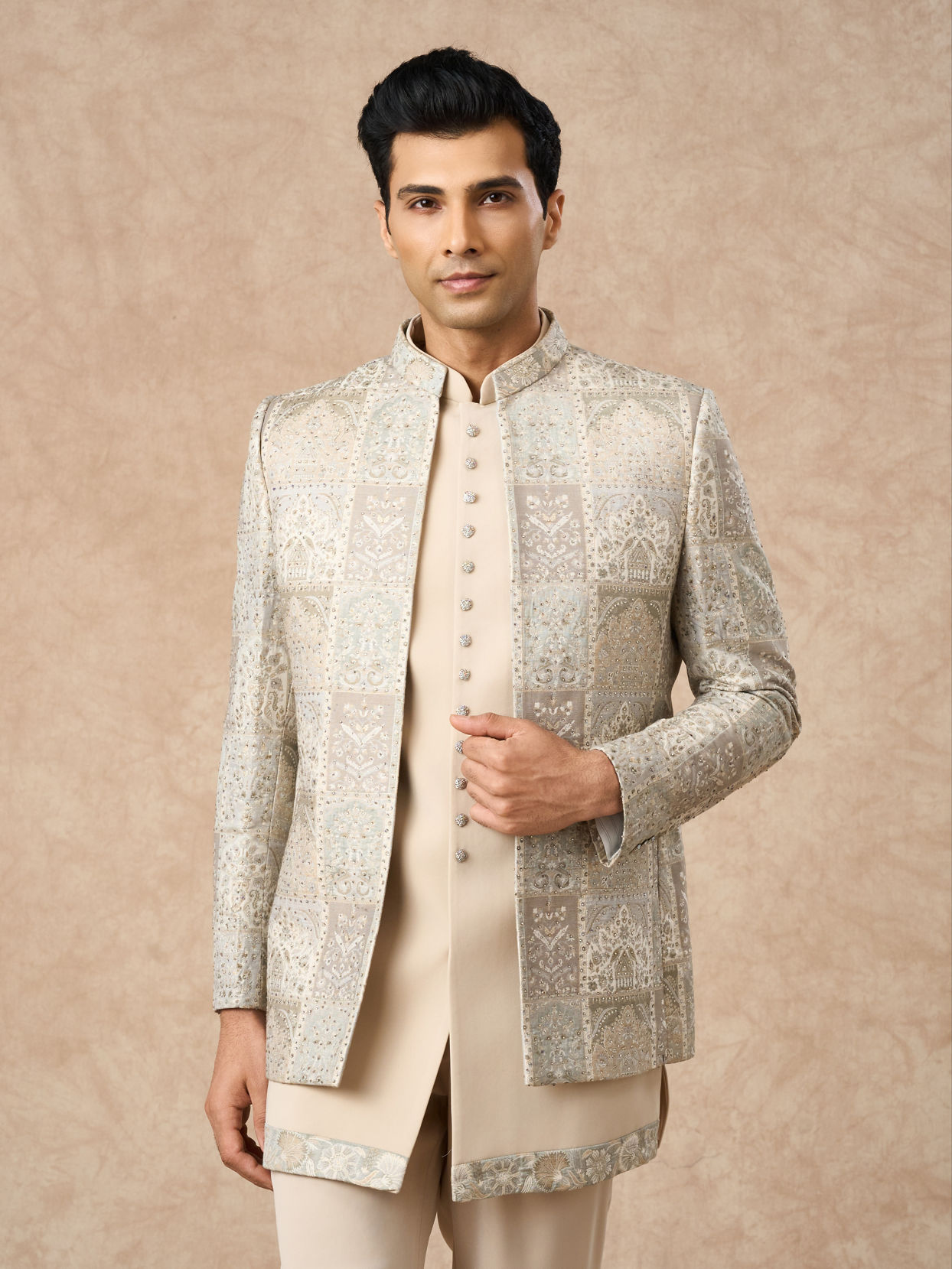 Manyavar Men Beige Blended Viscose Indo Western Embroidery