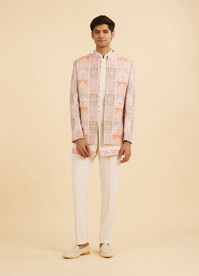 Manyavar Men Orange and Beige Blended Viscose Printed Indo Western Set