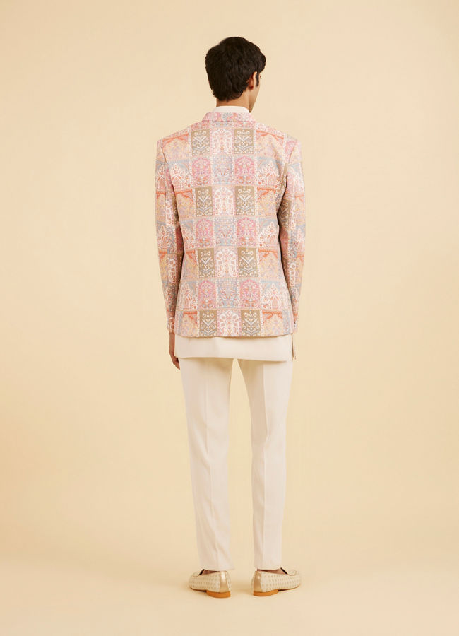 Manyavar Men Orange and Beige Blended Viscose Printed Indo Western Set