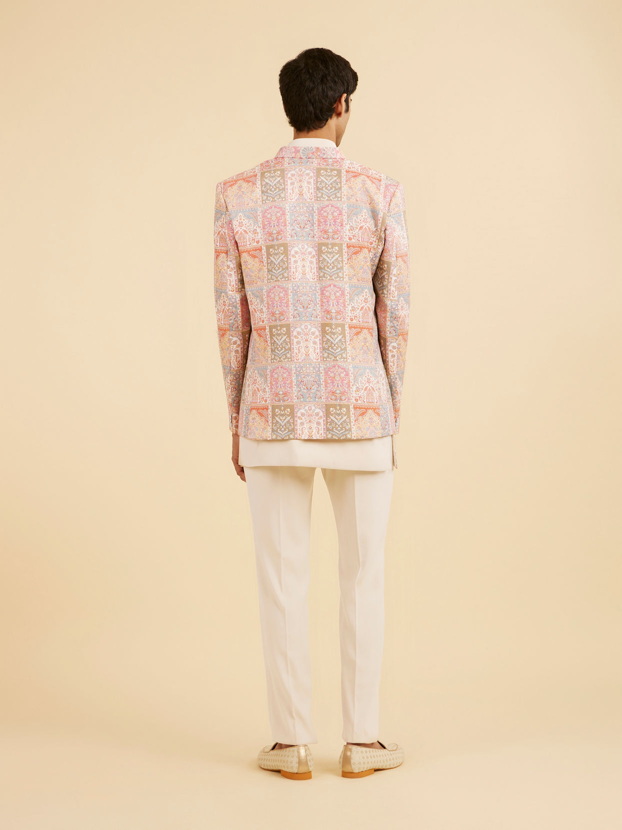 Manyavar Men Orange and Beige Blended Viscose Printed Indo Western Set