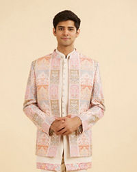 Manyavar Men Orange and Beige Blended Viscose Printed Indo Western Set